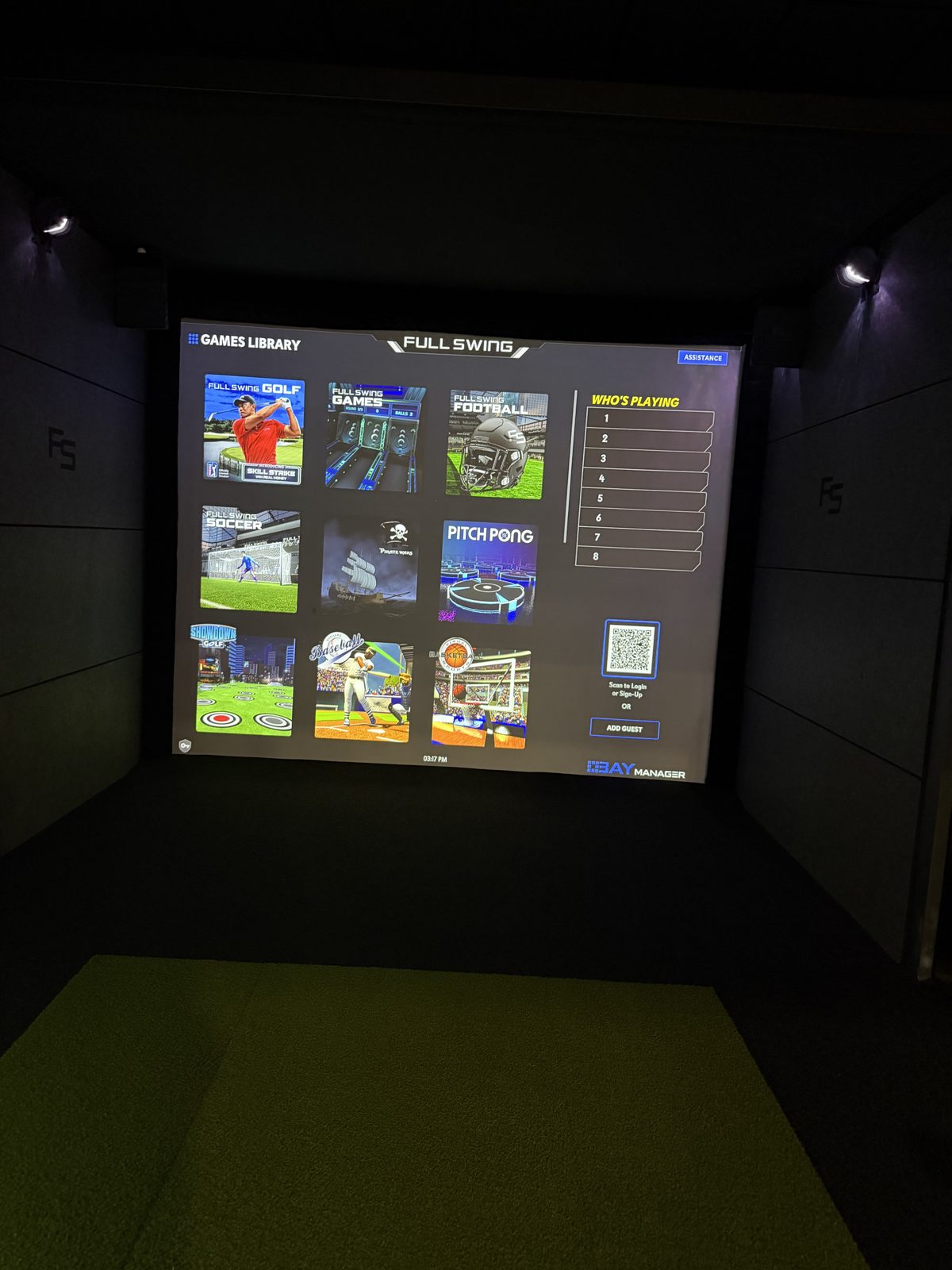 Full Swing simulator game library on screen at Alleyway Entertainment